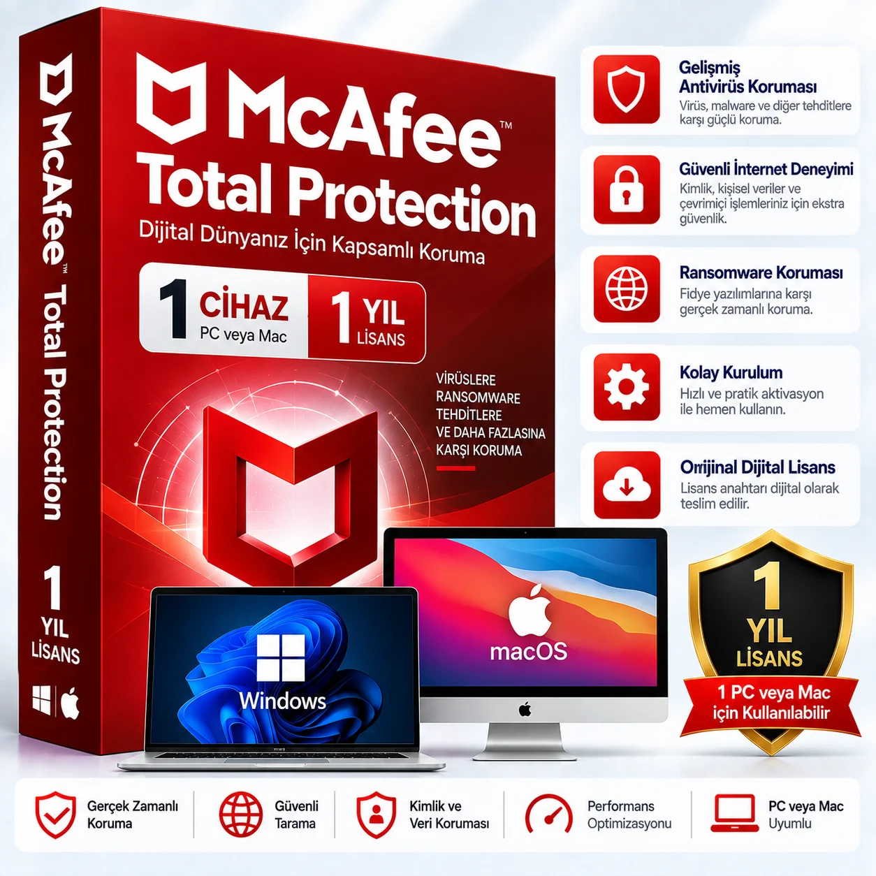 McAfee Total Protection – 1 Yıl / 1 PC veya Mac Dijital Lisans Key